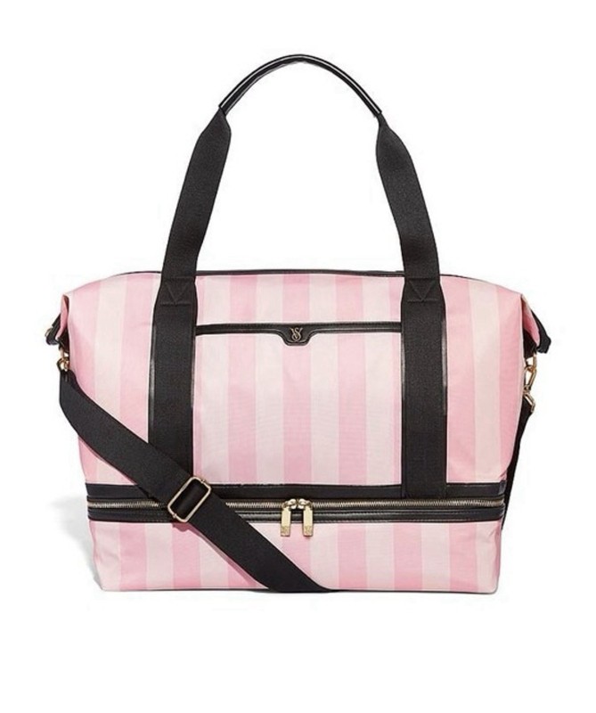 Victoria’s Secret Iconic Stripes Large Weekender Tote Pink Bag Black Straps NWT