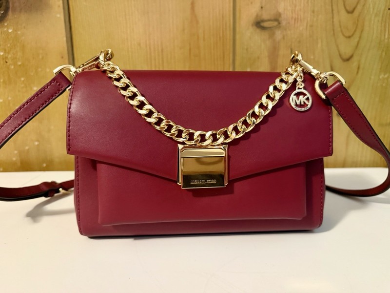 Michael Kors Burgundy Whitney Crossbody Bag Gold Chain Push Lock, Brand Card