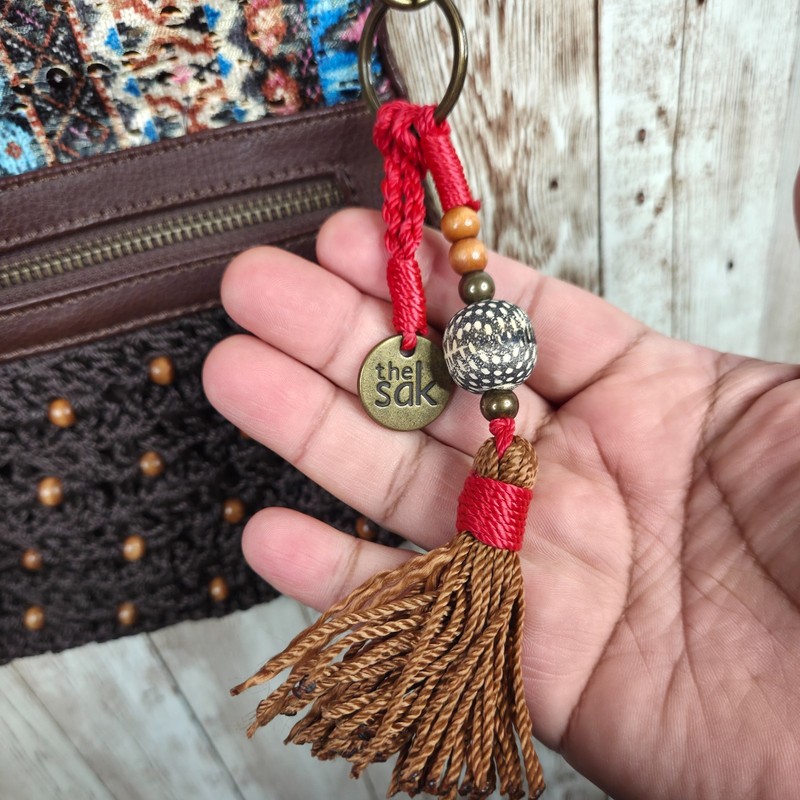 THE SAK Crossbody Bag Brown Leather Boho Purse Crochet Beaded Tassel Charm Clip gallery