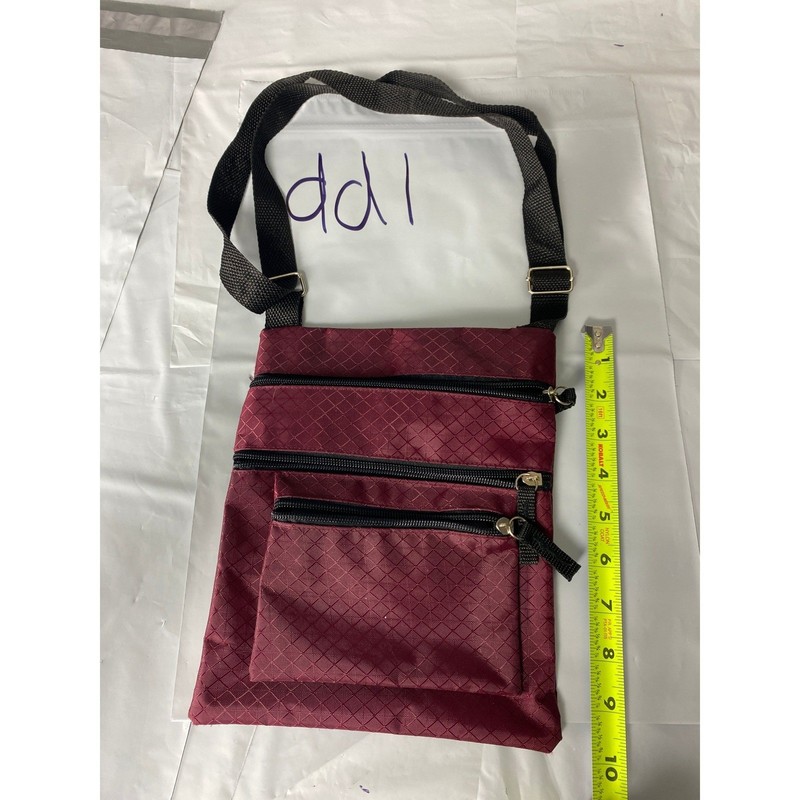 Burgundy Nylon Crossbody Travel Bag Multi Pocket Zip Organizer Purse Adjustable