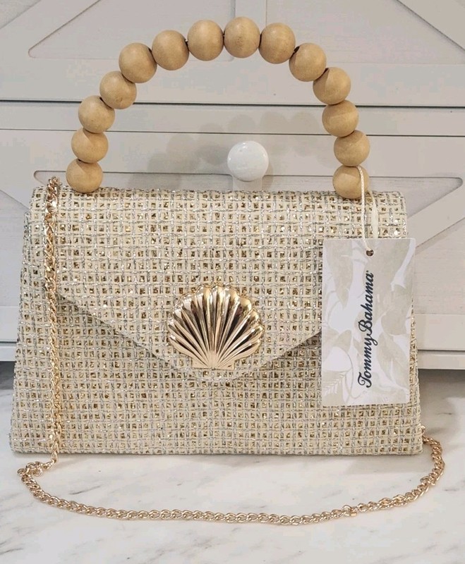 Tommy Bahama Woven Straw Shell Clutch Crossbody Bag Wood Bead Handle Gold Chain