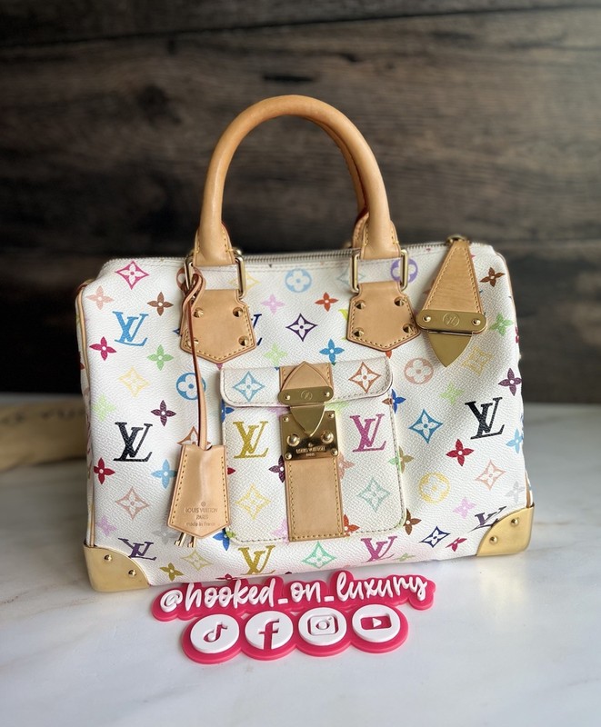 Louis Vuitton Takashi Murakami White Multicolor Speedy 30 Handbag Purse Tote EUC