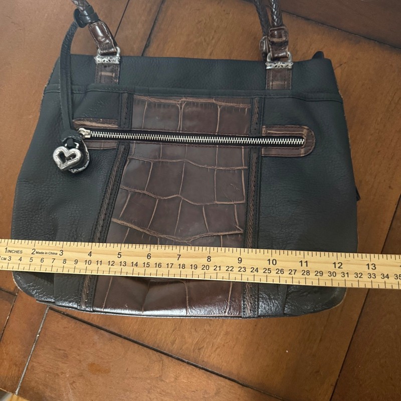 Brighton Black Leather Croc Embossed Trim Shoulder Bag Purse with Heart Charm gallery