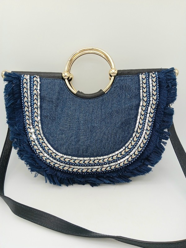 Vince Camuto Elia Half-circle Denim Blue Satchel, Handbag, Purse