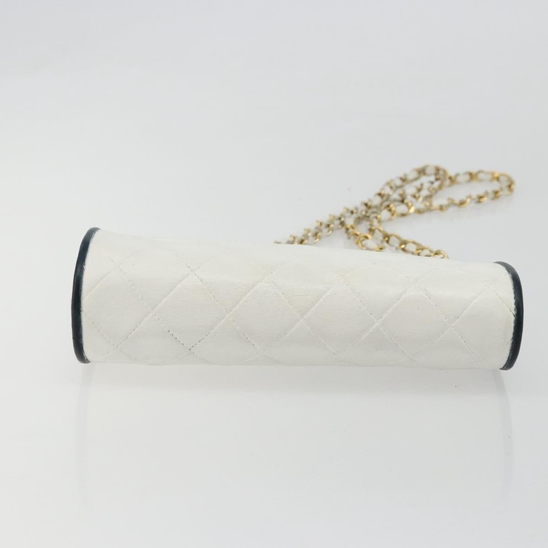 CHANEL Matelasse Chain Shoulder Bag Leather White Gold CC Auth 179186 gallery