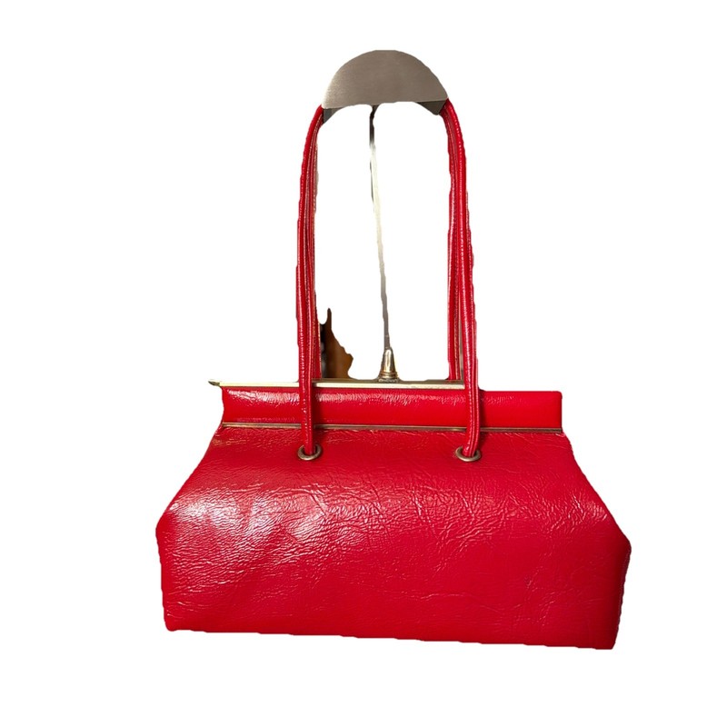 Double Handle Kiss Closure Textured Vinyl 1950s Bright Red Purse Handbag gallery