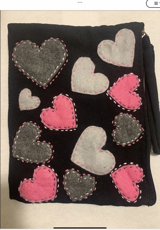HEARTS LINED CANVAS ZIPPER TOTE WITH HAND SEWN DESIGN ONE OF A KIND