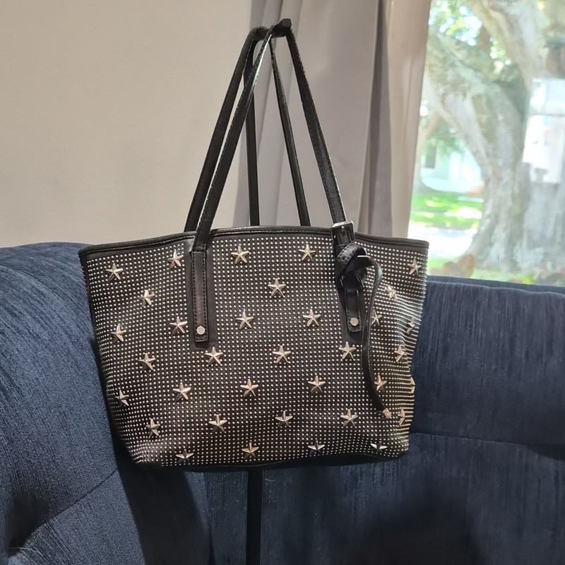 Jimmy Choo Black Star Studded Tote Bag with Silver Accents Double Handles
