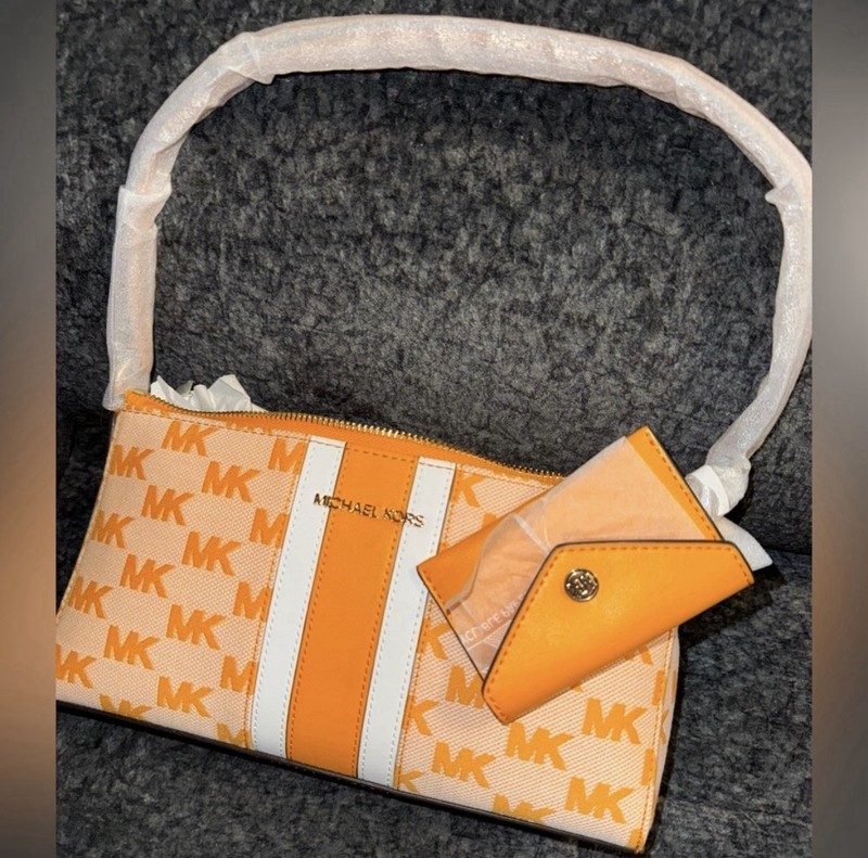 Michael Kors Vincent Signature Monogram Shoulder Bag Pop Orange w/ Zip Pouch