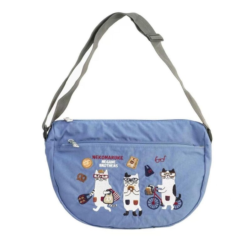 Kusuguru Japan Embroidery Cats Crescent Bag in Grayish Blue NWT