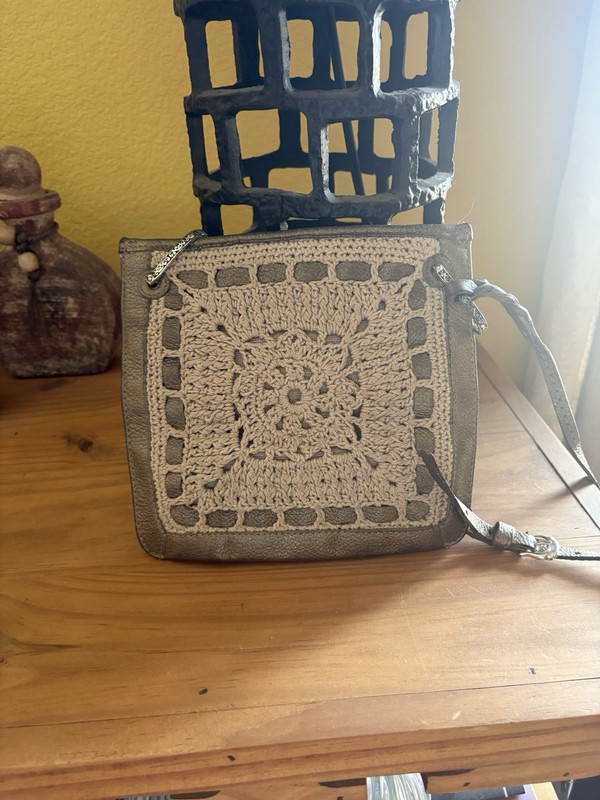 Handmade Silver Crossbody Bag w/ Crochet Accents, Pebbled Finish, Rectangle
