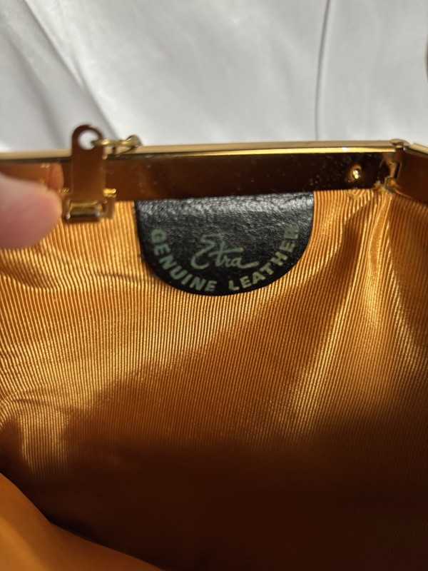 Vtg Etra Genuine Leather Clutch Bag Purse Black Hinge Flip ClaspChain Strap READ gallery