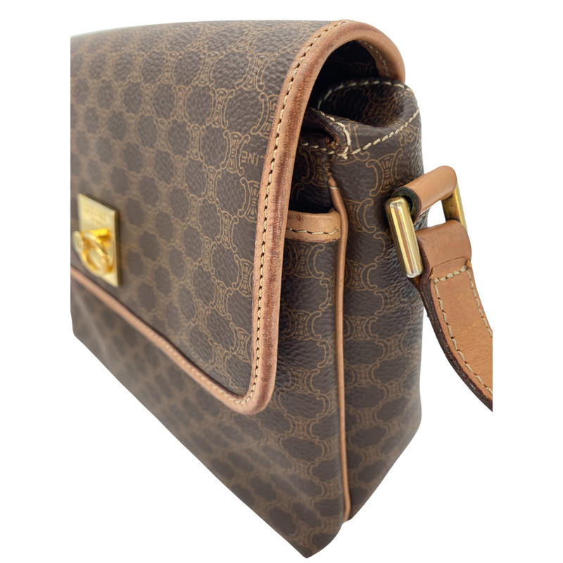 CELINE Vintage Shoulder Bag Macadam Circle Hardware PVC Leather Brown Authentic gallery