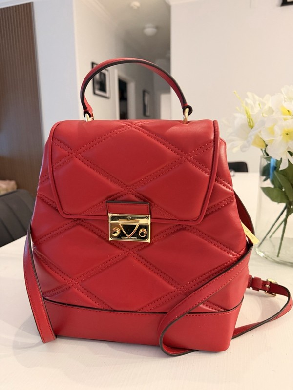 Michael Kors Red Quilted Backpack Top Handle Gold Hardware Adjustable Strap gallery