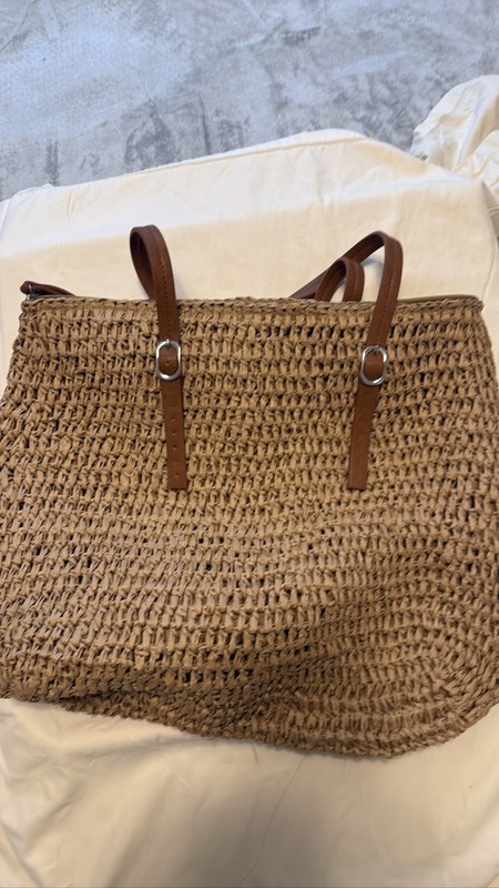 Woven Raffia Straw Tote Bag Brown Faux Leather Straps Zip Top Beach