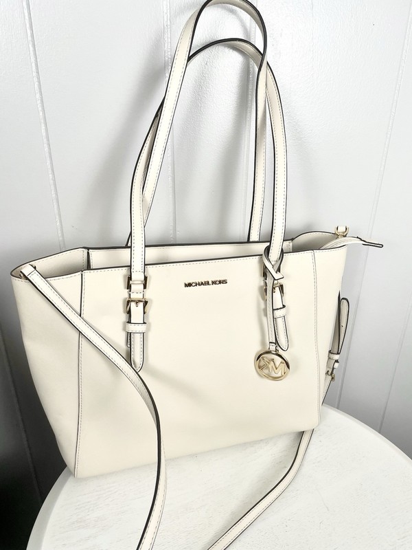 MICHAEL KORS CHARLOTTE LARGE 3 IN ONE SHOULDER BAG TOTE LEATHER OPTIC WHITE gallery