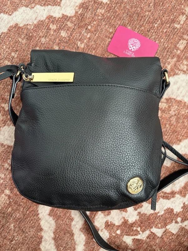 Vince Camuto Black Leather Tag Crossbody with Gold Plaque