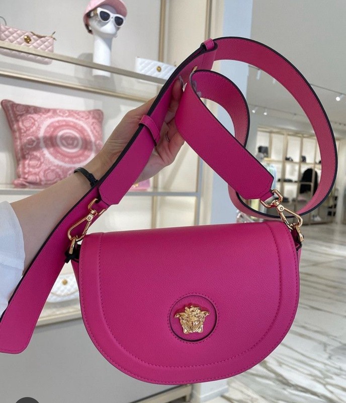 Versace La Medusa Pink Leather Gold Logo Front Flap Shoulder Crossbody Bag $1500