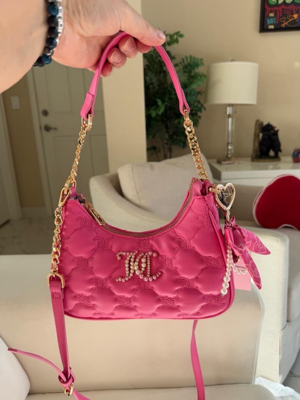 Juicy Couture Shoulder Bag Pink Quilted Logo Bow Gold Chain Heart Charm Designer