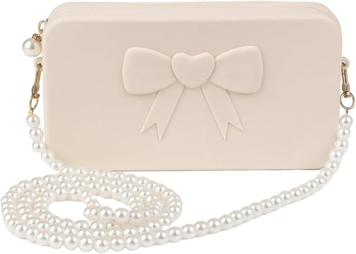 Mao’er Heart Bow Pink Mauve Colored Clutch Crossbody Purse Faux Pearl Strap-New