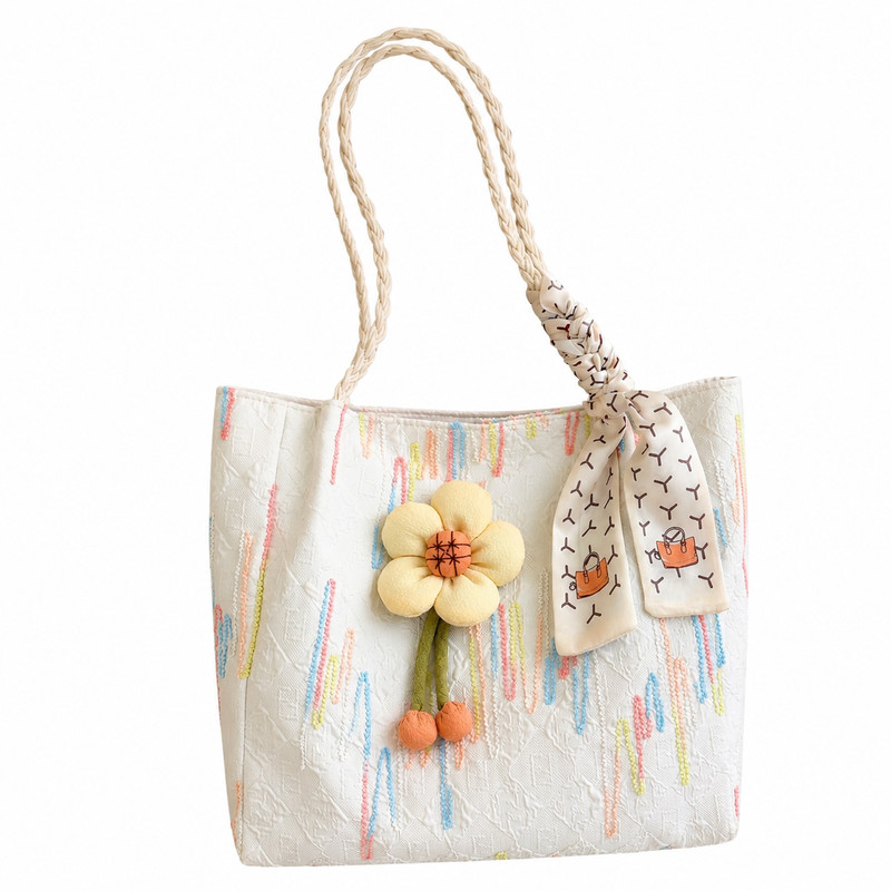 Women’s Floral Embroidered Bag Shoulder Handbag Scarf Charm Large Casual Purse