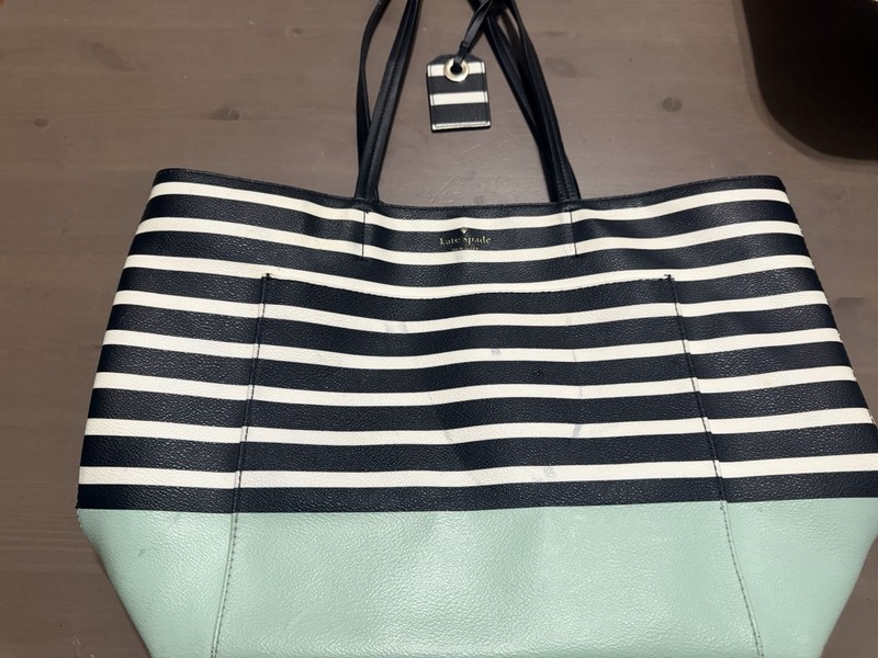 kate spade new york Striped Tote Black White Mint Green Gold Hardware Bag Charm gallery