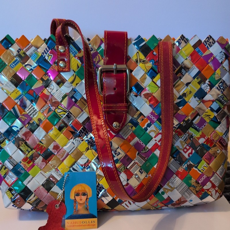 Nahui Ollin Style Candy Wrapper Tote Bag Purse Artsy Handcrafted Bright Pop Art