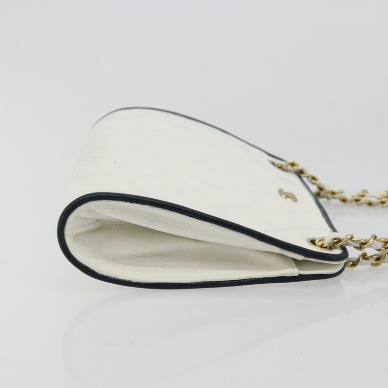 CHANEL Matelasse Chain Shoulder Bag Leather White Gold CC Auth 179186 gallery