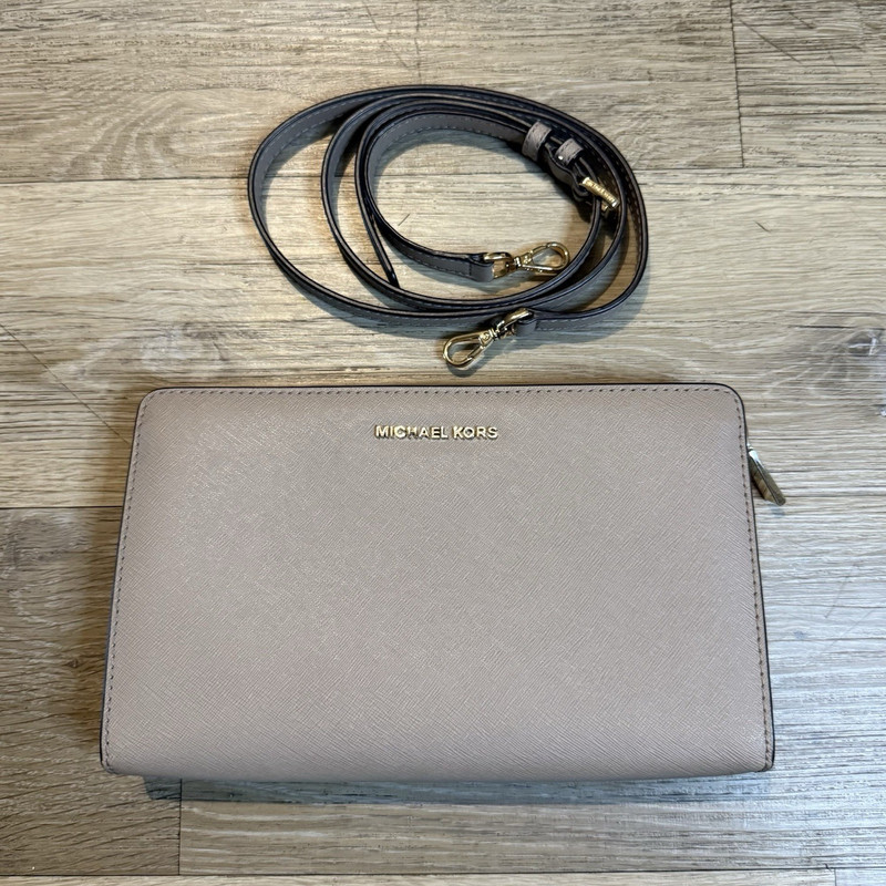 Michael Kors Beige Saffiano Zip-Top Crossbody Bag Detachable Adjustable Strap