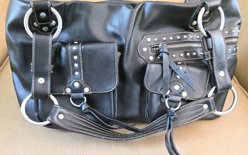 Unlisted Y2K Black Studded Moto Shoulder Bag Leather Multi Pocket Purse gallery