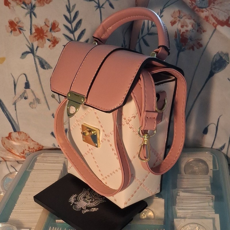 Pink White Small Crossbody Top Handle Gold Hardware Detachable Strap Turn Lock