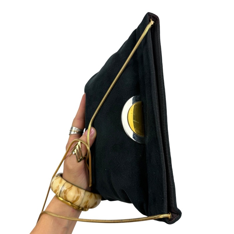 1970's REVA ULTRA SUEDE black purse with metal sun moon detail gallery