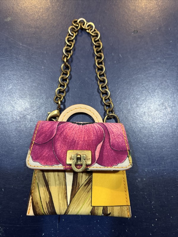 Salvatore Ferragamo Botanical Print & Leather Coin Purse w.Chain Italy IR-226198