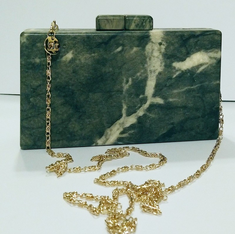 Sea Lily Acrylic Hard Shell Clutch Purse w/Chain Green/White Marble.