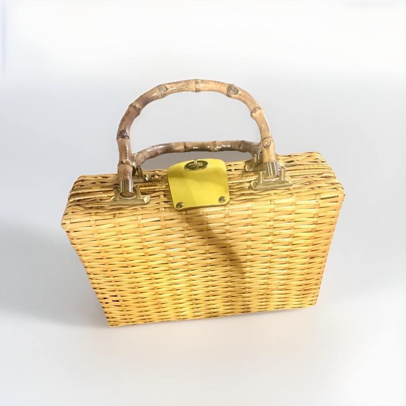 VTG Wicker Rattan Bamboo Handbag Japan Hand Made Structured Box Purse Top Handle