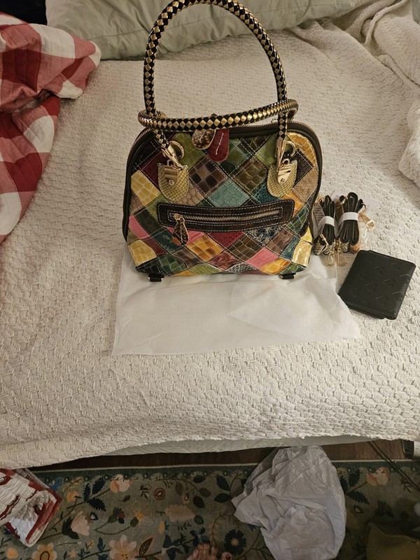 NEW Multi-Color Leather Croco Stitch Satchel Handbag Tote Shldr Bag w/Wallet gallery