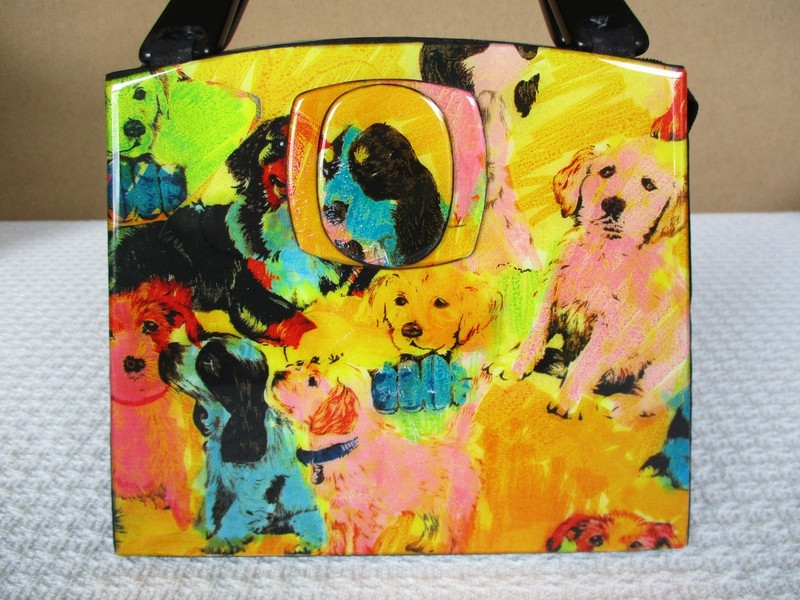 Angela Frascone Small Lacquered Handbag Purse Bag Dogs Puppies Used 7.5" gallery