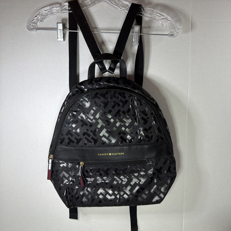 Tommy Hilfiger Travel Mini Backpack Purse Black Fabric Black Logo Emblem Bag EUC