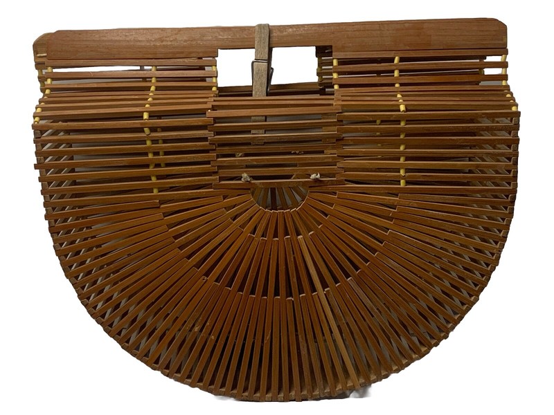 VTG Handmade Bamboo Slated Purse Semi Circle Beach Handbag Bird Cage Clutch Tote