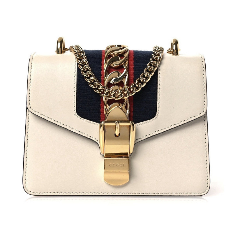 Gucci Sylvie Small White Shoulder Bag Web Stripe Gold Chain Buckle Strap