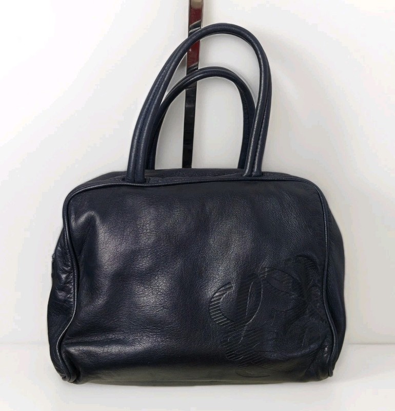 LOEWE Nappa Leather Mini Satchel Top Handle Vanity Case Navy Authentic Bag