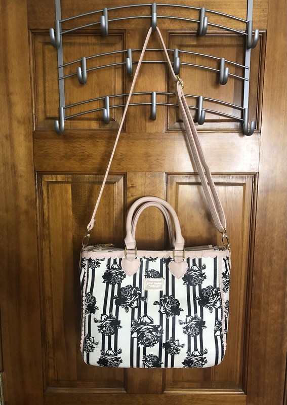 Betsey Johnson Black White Pink Strip Roses Heart Purse Removable Shoulder Strap