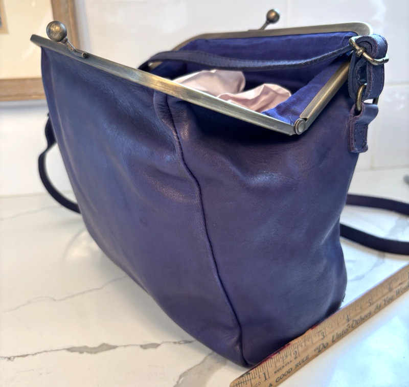 Biba Purple Leather Crossbody Handbag Pockets Cotton Lined Made in Spain 11"W gallery