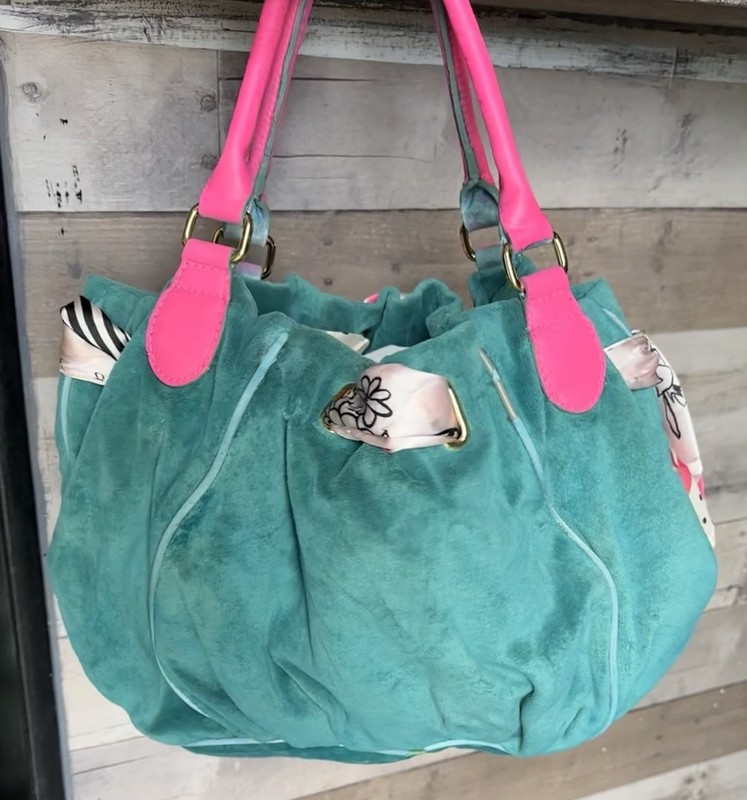 Juicy Couture Vintage Green And Pink Tote Shoulder Bag Polka Dot Scarf Bag Charm gallery