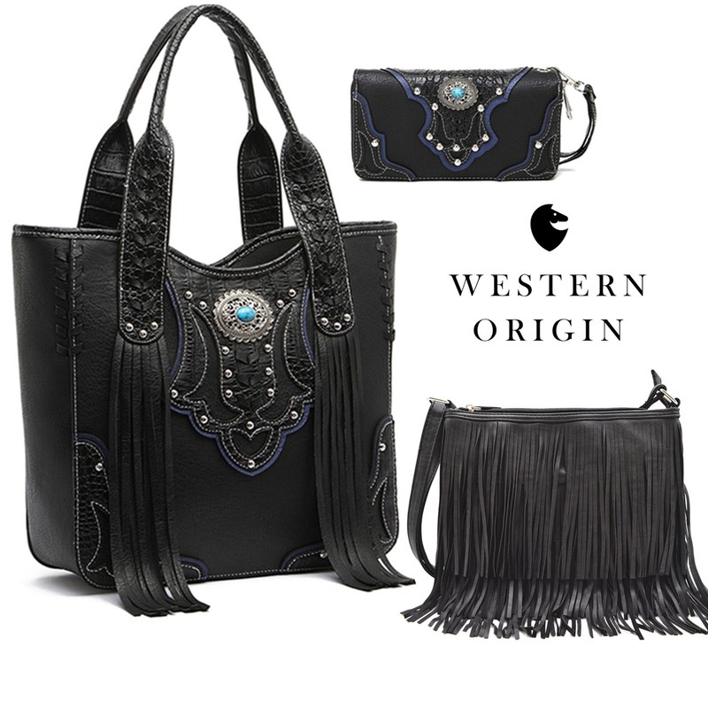 Western Concealed Purse Fringe Tote bag Women Crossbody Shoulder Bag Wallet BLK
