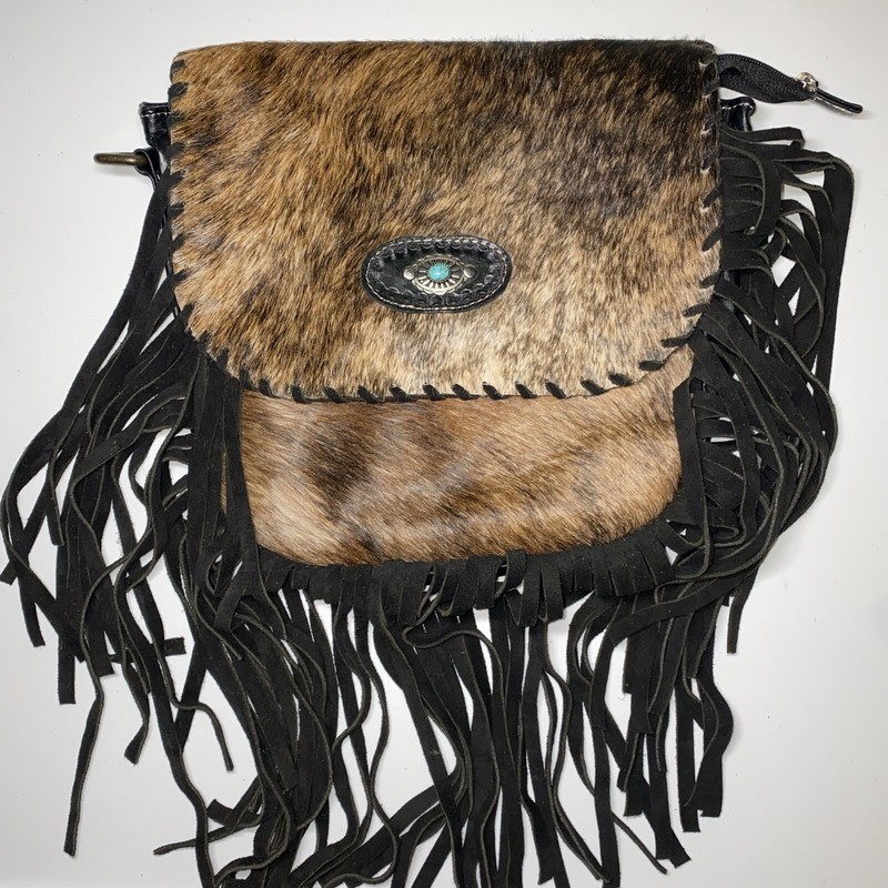 Black Fringed Hide Fur Leather Suede bag with Tassel Western Style No Strap