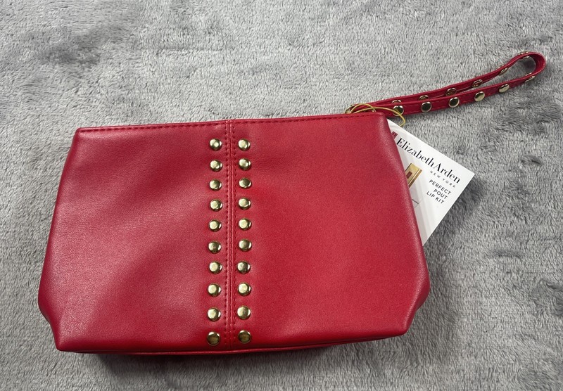 New Elizabeth Arden Makeup Bag/ Carrying Case Red Gold Studs Wristlet Bag