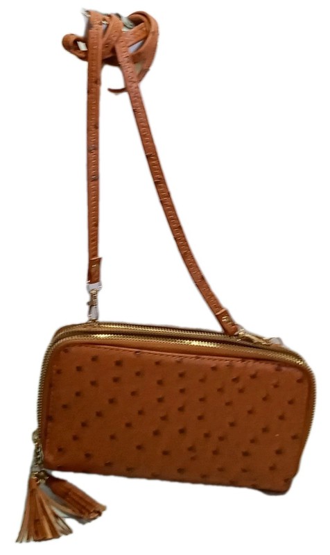Womens Ostrich Leather Crossbody Bag Tassel Zipper Pulls 23" Strap Drop Cards gallery