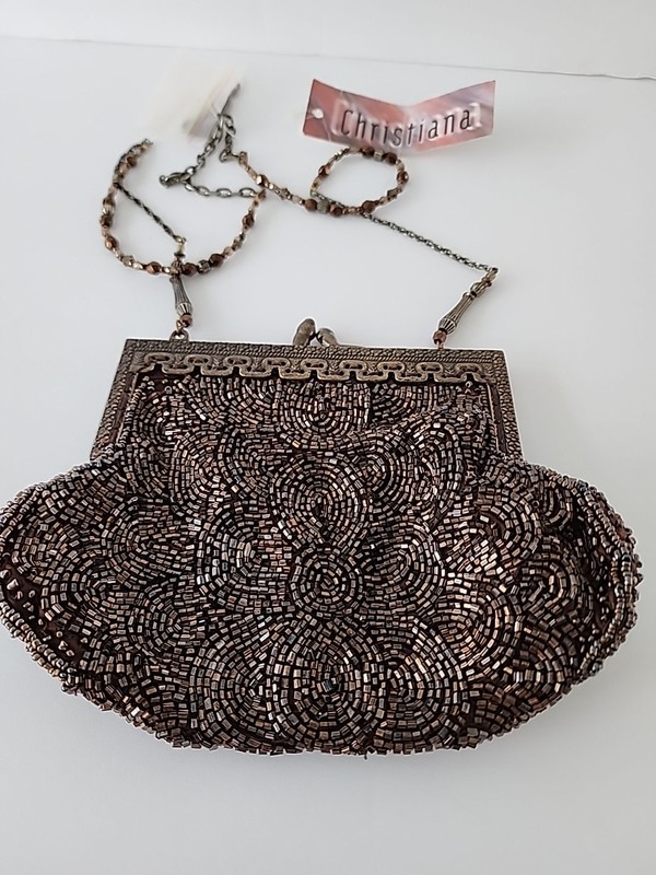 NWT Christina Copper Beaded Evening Bag Metal Frame Art Deco Style Purse Nice
