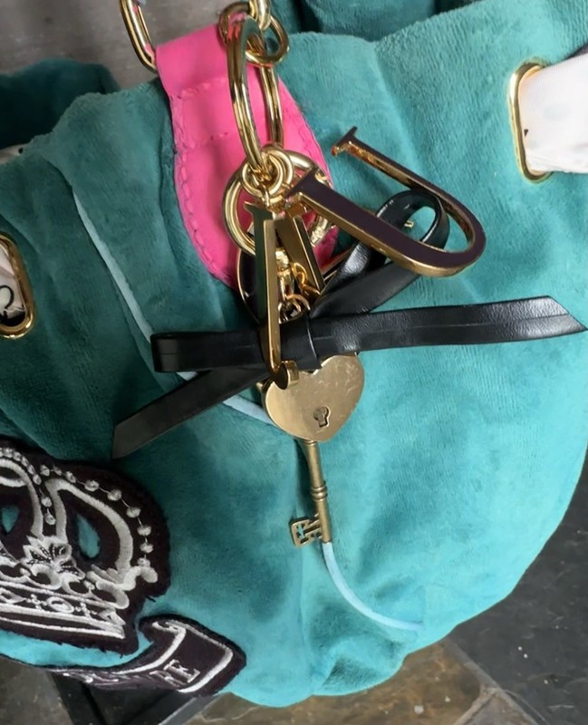 Juicy Couture Vintage Green And Pink Tote Shoulder Bag Polka Dot Scarf Bag Charm gallery